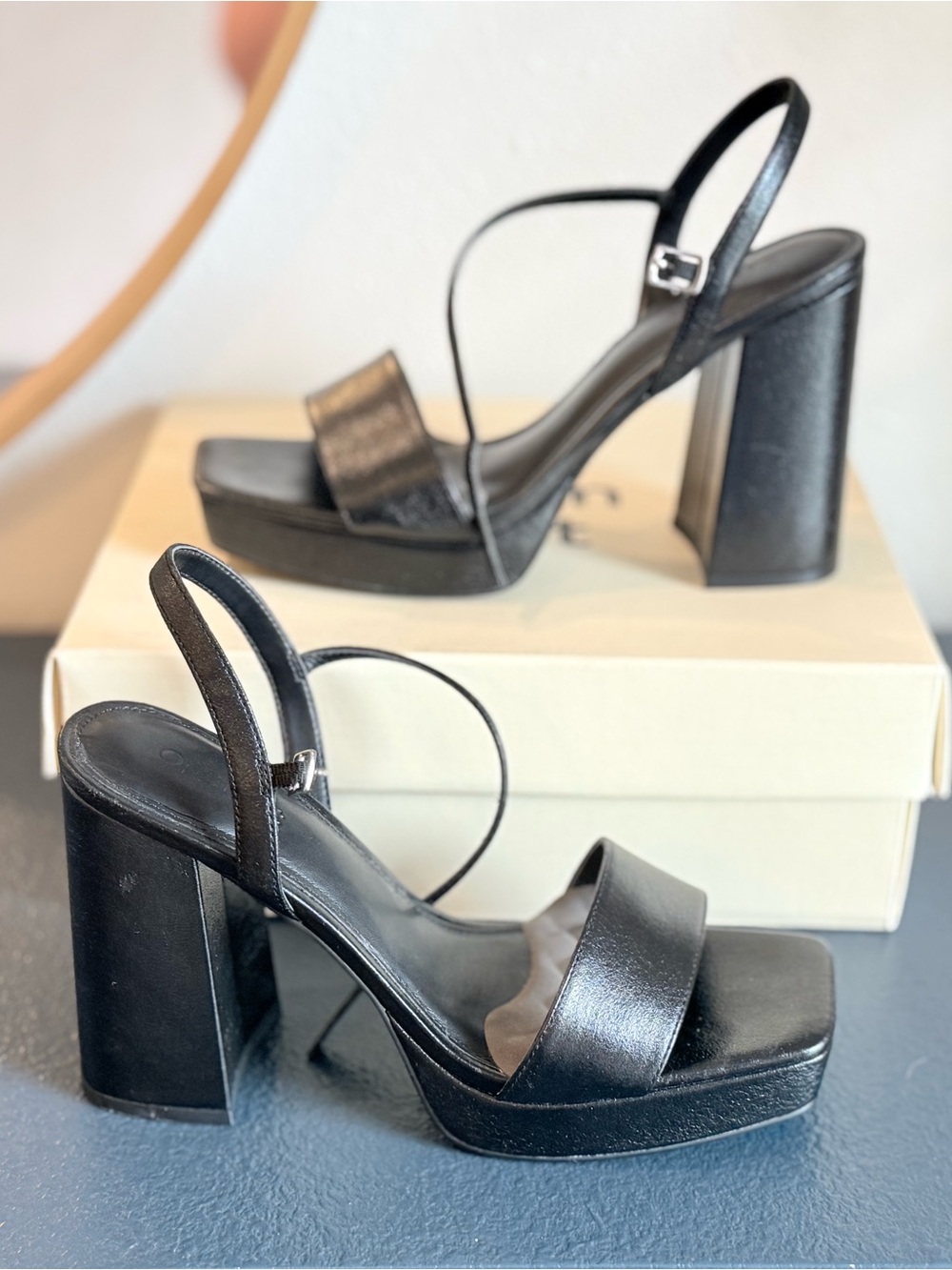 Women's Black Platform Slingback Heels with Block Heel